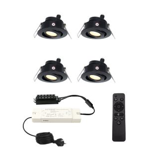 Set met 4 Sienna 12V inbouwspots – 3 Watt 200 lumen – 2700K warm wit – Zwart – IP44 waterdicht – kantelbaar – verandaspots – met afstandsbediening