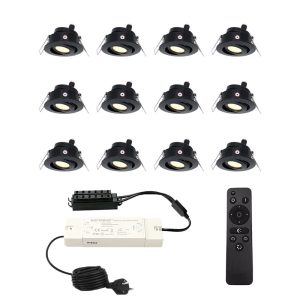 Set met 12 Sienna 12V inbouwspots – 3 Watt 200 lumen – 2700K warm wit – Zwart – IP44 waterdicht – kantelbaar – verandaspots – met afstandsbediening
