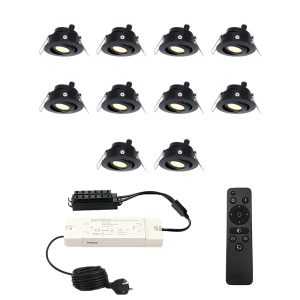Set met 10 Sienna 12V inbouwspots – 3 Watt 200 lumen – 2700K warm wit – Zwart – IP44 waterdicht – kantelbaar – verandaspots – met afstandsbediening