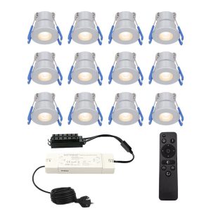 Complete set met 12 Milano inbouwspots 12V – IP65 waterdicht – 2700K warm wit – 3 Watt 200 lumen – RVS – Verandaverlichting – Dimbaar – met afstandsbediening