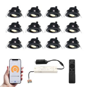 Set van 12 Sienna Smart LED Mini Inbouwspots – Veranda spots – 12V 3W 200lm – Dimbaar – Kantelbaar – Wifi & Bluetooth – 2700K – IP44 – Zwart
