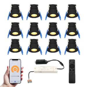 Set van 12 Milano Smart LED Mini Inbouwspots – Veranda spots – 12V 3W 200lm – Dimbaar – Wifi & Bluetooth – 2700K – IP65 waterdicht – Zwart