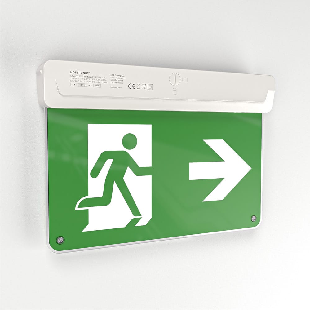 Tumu – LED Noodverlichting met Accu – Opbouw 5 montagemogelijkheden – IP20 voor binnen – 2,2 Watt 6500K – Incl. Pictogram met vluchtwegaanduiding
