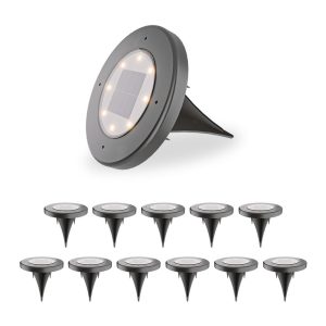 Ellis 12x Solar grondspots – 8 LEDs – 3000K warmwit licht – IP65 waterdicht – Incl. schemerschakelaar – Zwart