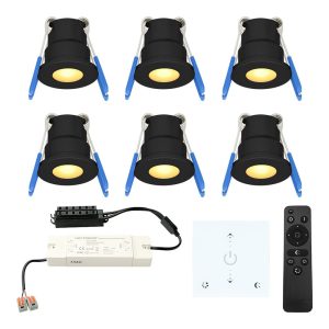 Set van 6 Milano LED Mini Inbouwspots met trafo en muurdimmer – 12 Volt 3 Watt 200 lumen – Dimbaar – Plat 34mm – 2700K – IP65 waterdicht – Zwart